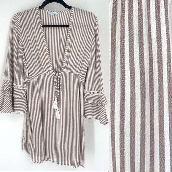 Blue island Womens Striped Pullover Beach Dress Coverup Ruffle Size XS Tan White - Picture 1 of 10